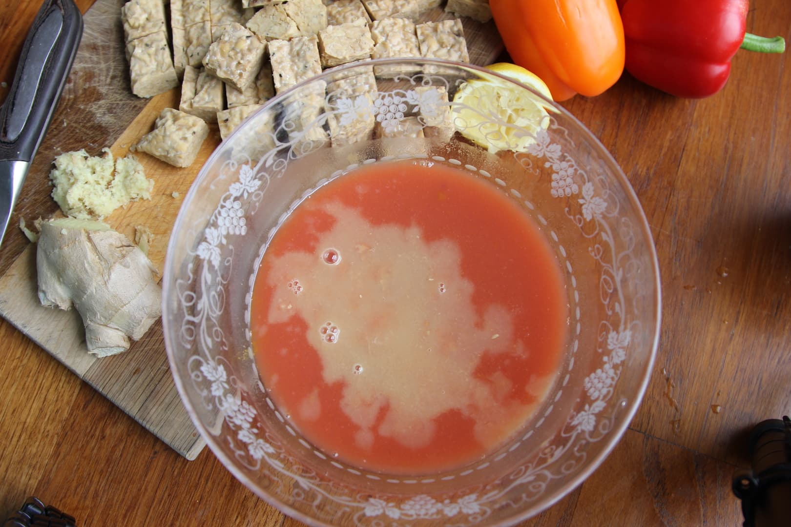 Tempeh on Grape Orange jucie 20